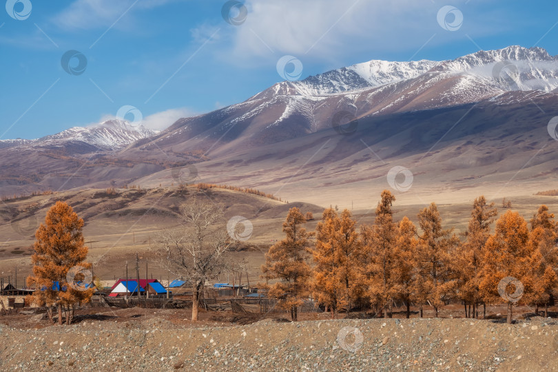 Скачать деревня осенью, на фоне заснеженной горы фотосток Ozero