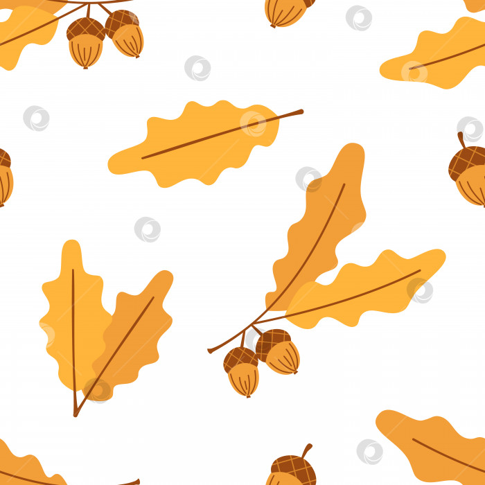 Скачать Векторный бесшовный осенний узор с желтыми дубовыми листьями и желудями. Дубовая ветка, лист и желудь. Симпатичная осенняя коллекция. Осенний фон. фотосток Ozero