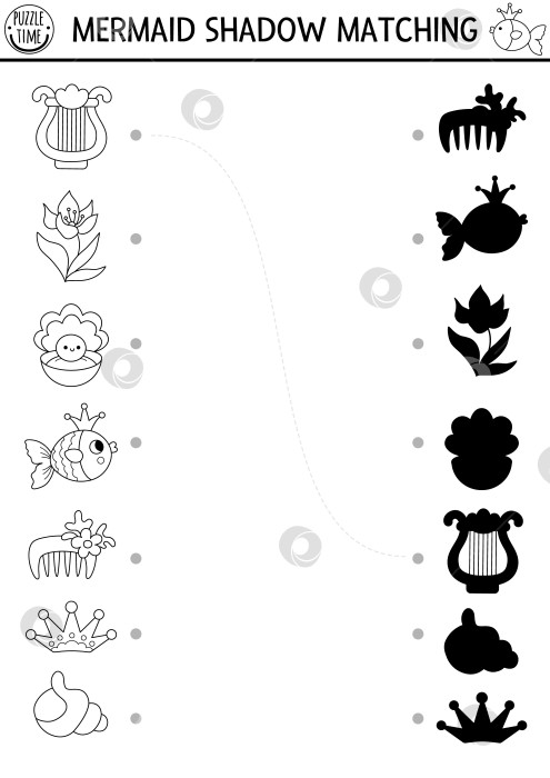 Скачать Упражнение по подбору черно-белой тени русалки с расческой морской принцессы. Пазл "Океанское королевство" с рыбками и ракушками. Найдите правильный силуэт на листе для печати. Раскраска "Морская" для детей фотосток Ozero