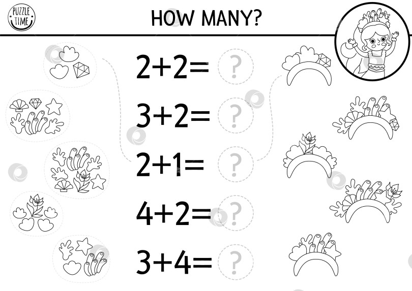 Скачать Подбери цифры в черно-белой игре "русалочка" с повязкой на голову, морскими водорослями, ракушками. Математическое задание "Океанское королевство", раскраска. Морской учебный лист для счета с морской принцессой фотосток Ozero