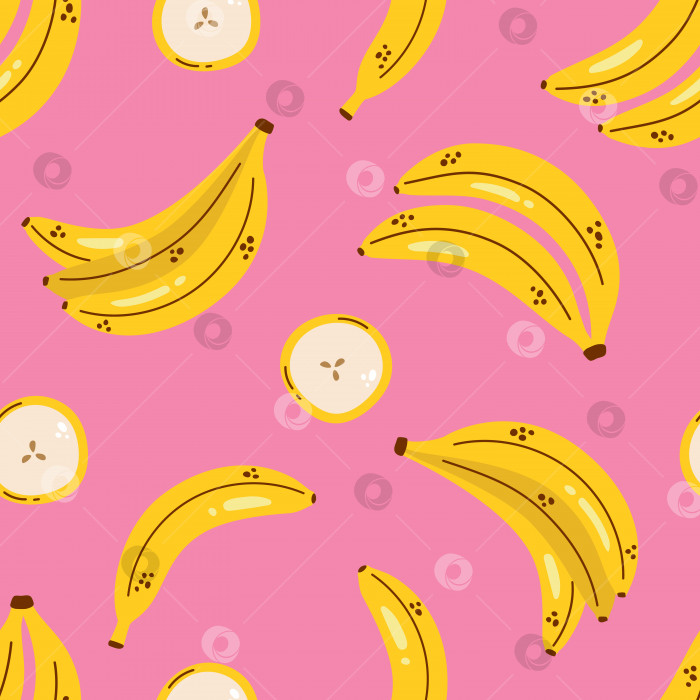 Скачать Симпатичный узор с бананами на розовом фоне. Желтые бананы. Бесшовный узор "банан". Тропические фрукты. фотосток Ozero