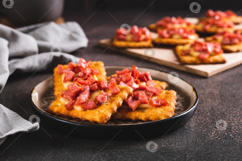 Скачать Острые запеченные крекеры с сыром и колбасой на тарелке на столе фотосток Ozero