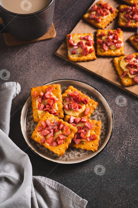 Скачать Вкусные крекеры, запеченные с сыром и колбасой на тарелке и доске в вертикальном виде фотосток Ozero