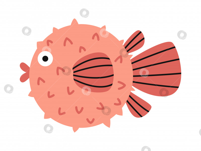 Скачать Векторная симпатичная красная рыба-шар. Тропическая рыба в плоском дизайне. Морская подводная рыба-шар. Иглобрюх с полосатыми плавниками. фотосток Ozero