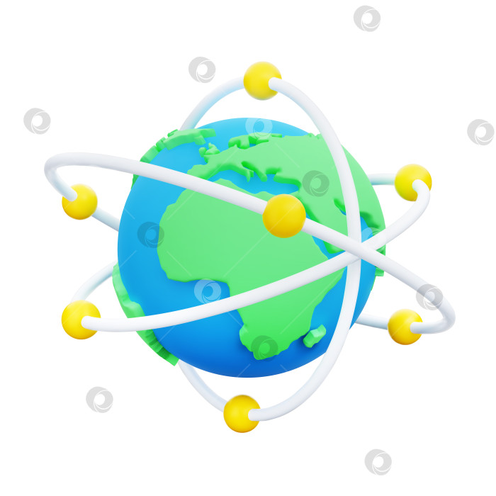 Скачать Желтые сферы вращаются вокруг Земли. Спутники летают по орбите планеты. Электроны вращаются вокруг земного шара по круговой орбите. Глобальная коммуникация, создание деловых сетей. Векторная иллюстрация. фотосток Ozero