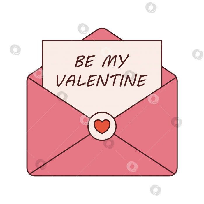 Скачать Векторное любовное письмо с текстом "Будь моим Валентином" в стиле ретро. Розовый конверт Y2k с письмом. С днем Святого Валентина. Влюбленный и романтичный. Винтажный конверт с сердечком в плоском дизайне 70-х. фотосток Ozero