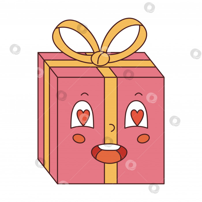 Скачать Векторная подарочная коробка с глазами в форме сердца в стиле y2k. С днем Святого Валентина. Ретро-розовый подарок с желтым бантом и лентой. Подарок персонажа 70-х годов. фотосток Ozero