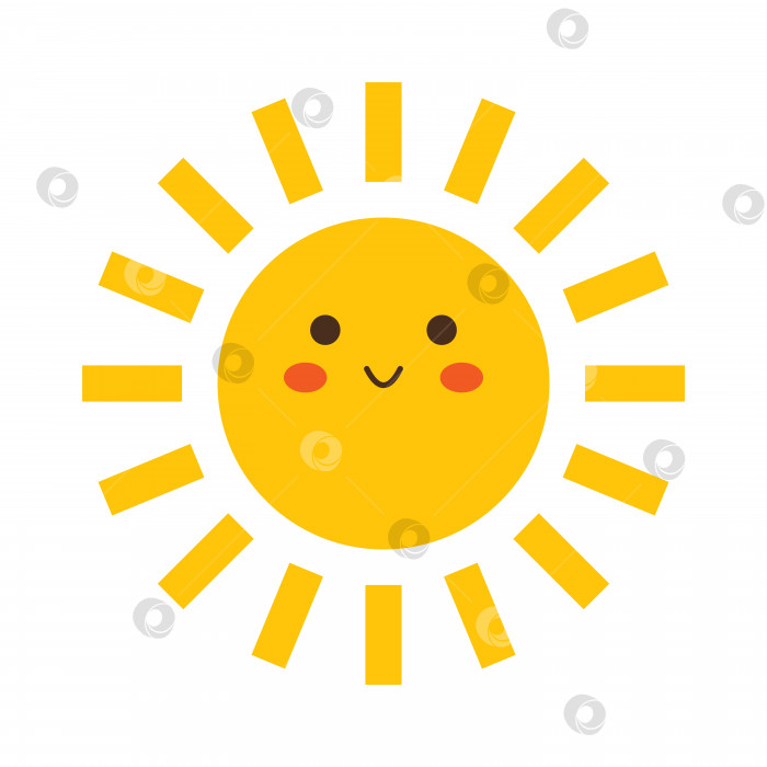 Скачать Векторное милое солнце с лицом в плоском дизайне. Счастливое улыбающееся солнце. Забавное летнее солнышко. фотосток Ozero