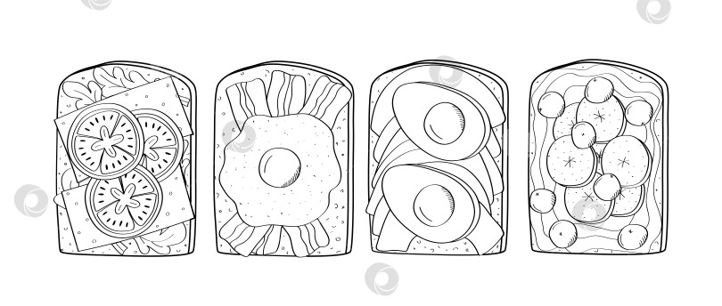 Скачать Набор бутербродов с разными начинками. Поджаренный хлеб с начинкой для завтрака. Векторная иллюстрация эскиза закуски. фотосток Ozero