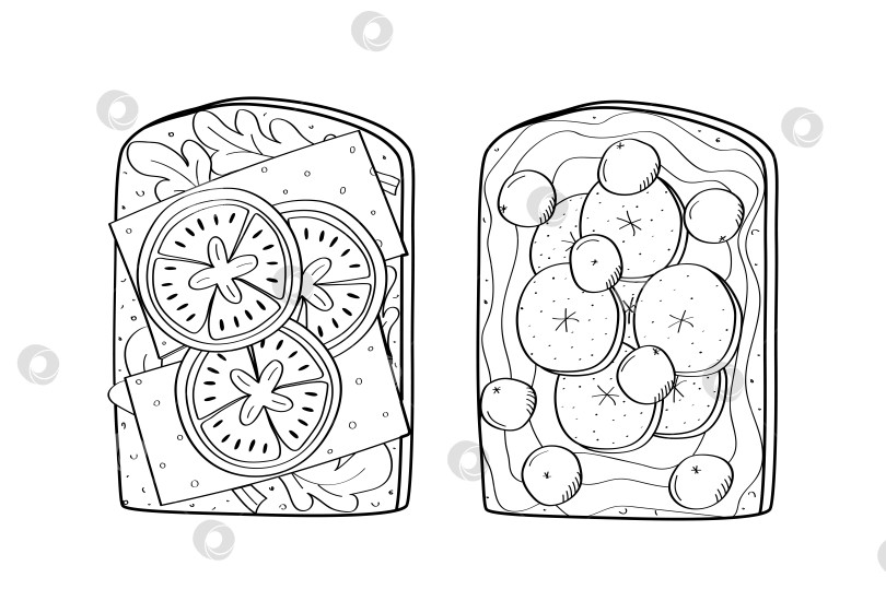 Скачать Набор бутербродов с разными начинками. Поджаренный хлеб с начинкой для завтрака. Векторная иллюстрация эскиза закуски. фотосток Ozero