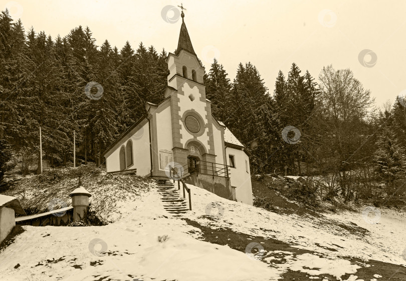 Скачать Маленькая часовня в лесу на склоне горы. фотосток Ozero