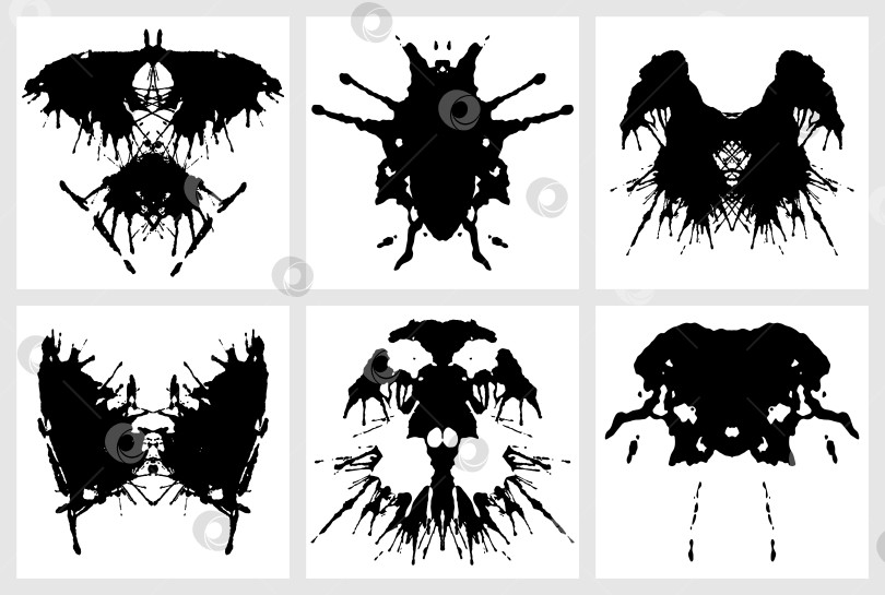 Скачать Чернильная клякса для психиатрической экспертизы. Тест Роршаха. Векторный набор абстрактных черных пятен в стиле гранж фотосток Ozero