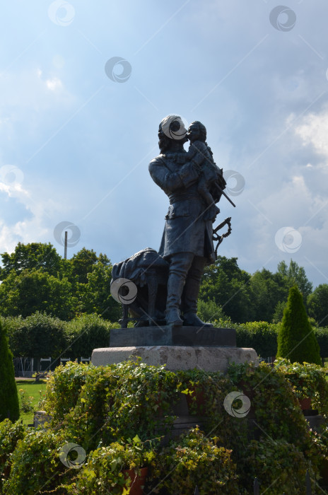 Скачать Санкт-Петербург, Россия – 07.27.2024: Скульптура Петр I с Людовиком XV на руках в саде Бахуса в Нижнем парке Государственного музея-заповедника Петергоф в Санкт-Петербурге фотосток Ozero