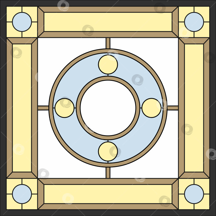 Скачать Витражные панели на потолке. Абстрактный цветок, завитки и листья в квадратной раме, геометрический орнамент, симметричная композиция, техника Тиффани, классический стиль. Вектор фотосток Ozero
