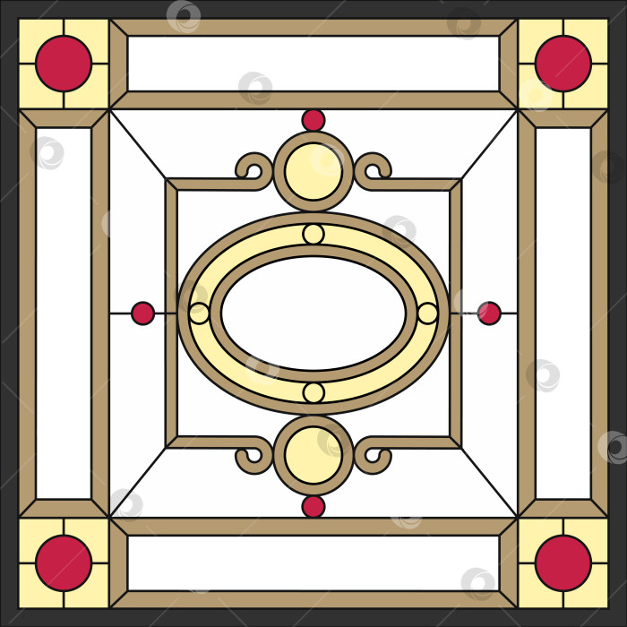 Скачать Витражные панели на потолке. Абстрактный цветок, завитки и листья в квадратной раме, геометрический орнамент, симметричная композиция, техника Тиффани, классический стиль. Вектор фотосток Ozero