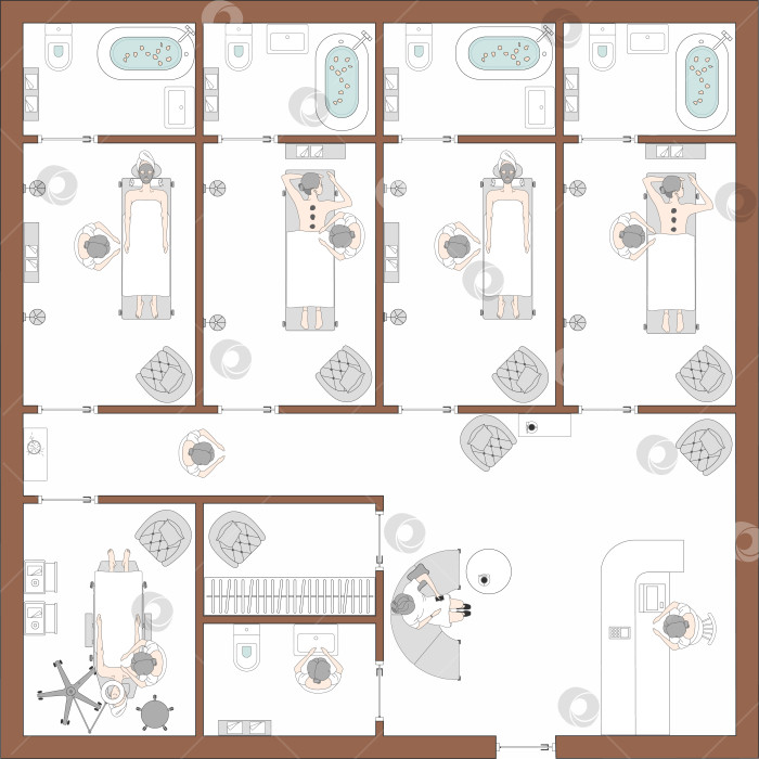 Скачать Дизайн интерьера маникюрного салона. Проект салона красоты. Женщина в маникюрном салоне, вид сверху. Спа-центр с парикмахерской. Вектор фотосток Ozero