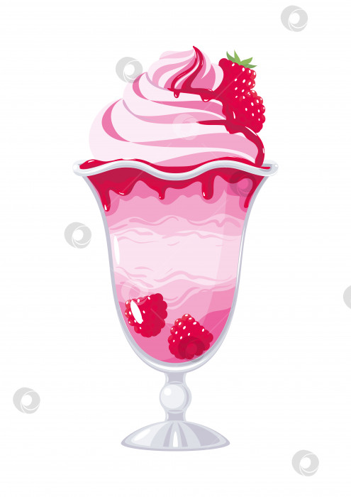 Скачать Молоко, йогуртовое мороженое с малиной, малиновый джем, в вазочке, отдельно на белом фоне. Векторная иллюстрация, мультфильм, объект, значок, эмблема, летний освежающий десерт из мороженого фотосток Ozero