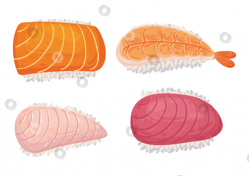 Скачать Набор суши-сашими с лососем, тунцом, угрем, креветками. Традиционное блюдо японской кухни. здоровая пища, морепродукты. Векторная иллюстрация, значок, символ, вывеска, объект, изолированный на белом фоне фотосток Ozero