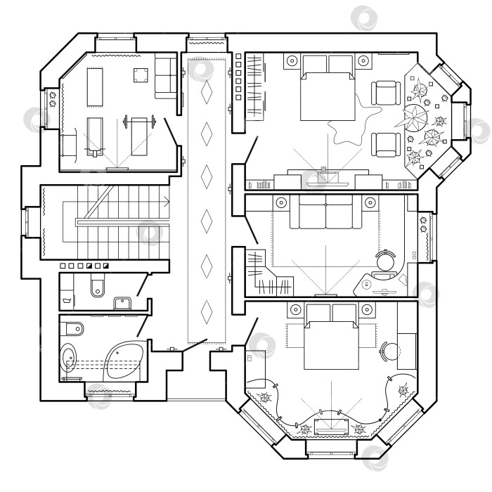 Скачать Черно-белый архитектурный план дома. Планировка квартиры в виде сверху со значками мебели в виде чертежа.  Векторный проект интерьера дома, схема. фотосток Ozero