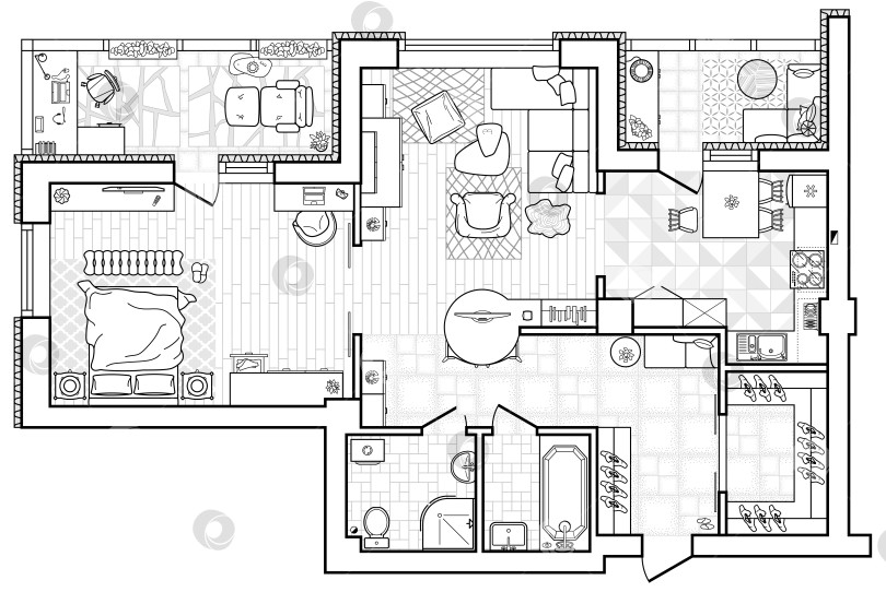 Скачать Поэтажный план с мебелью, вид сверху. Архитектурный набор мебели в виде тонких линий. Подробная планировка современной квартиры. Векторный чертеж. фотосток Ozero