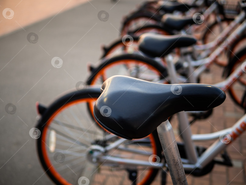 Скачать Прокат велосипедов на главной улице города. Система совместного использования велосипедов. фотосток Ozero