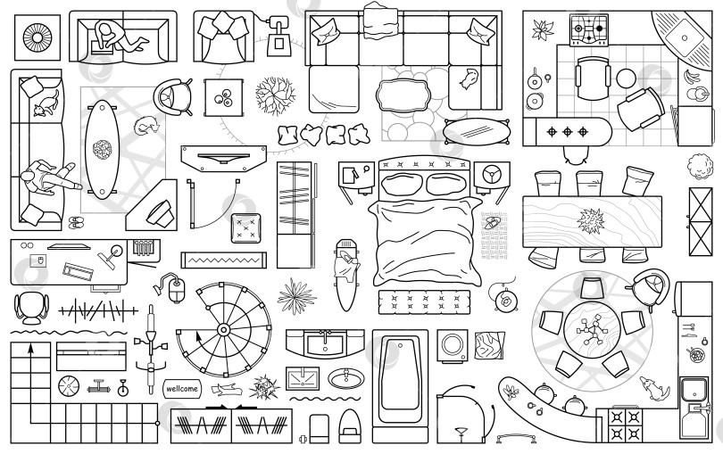 Скачать Набор значков поэтажного плана для дизайна интерьера и архитектурного проекта (вид сверху). Значок тонкой линии мебели на виде сверху для макета. Схема квартиры. Вектор фотосток Ozero