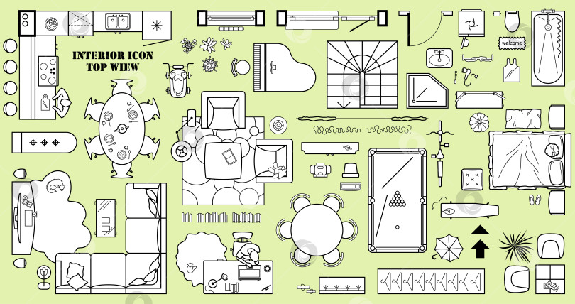 Скачать Значок поэтажного плана, установленный в виде сверху для дизайна интерьера.  Архитектурный план с видом мебели сверху. Планировка квартиры, кухни, гостиной и спальни. Вектор фотосток Ozero