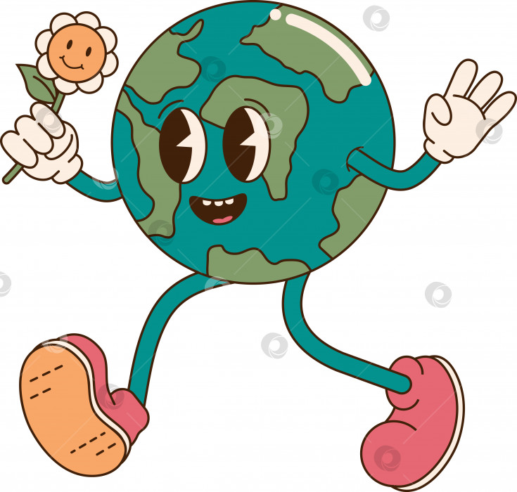 Скачать Ретро мультфильм винтажная наклейка счастливый персонаж планеты Земля Векторная иллюстрация. фотосток Ozero