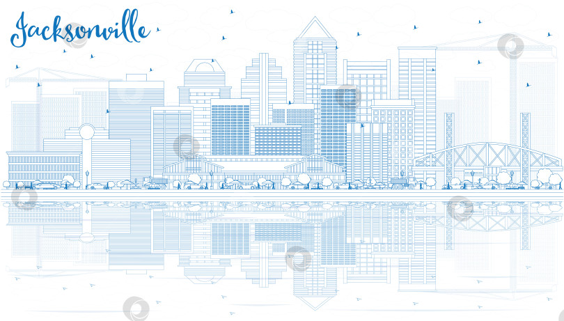 Скачать Обрисуйте горизонт Джексонвилла с голубыми зданиями и отражениями. фотосток Ozero