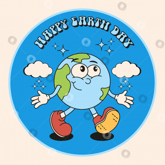 Скачать Дизайн Всемирного дня здоровья с талисманом планеты в нежно-голубых тонах. Персонаж ретро-мультфильма 70-х, 80-х годов, надпись "С Днем планеты". Векторная иллюстрация. фотосток Ozero