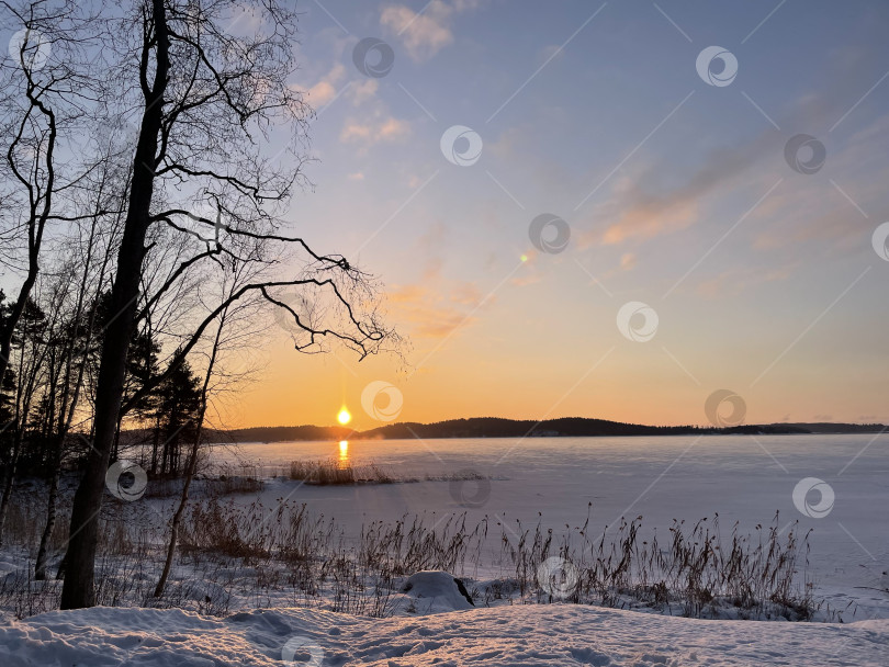 Скачать Зимний закат над озером в Карелии фотосток Ozero