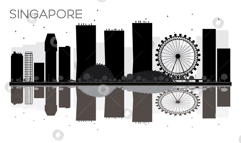 Скачать Черно-белый силуэт на горизонте Сингапура с отражениями. фотосток Ozero