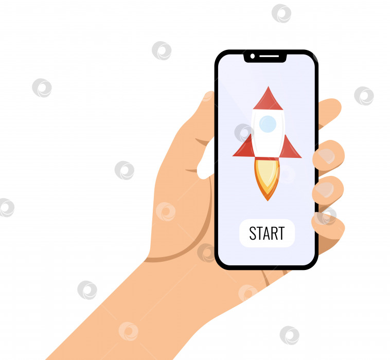 Скачать Рука держит смартфон с ракетой и кнопкой старт на экране фотосток Ozero