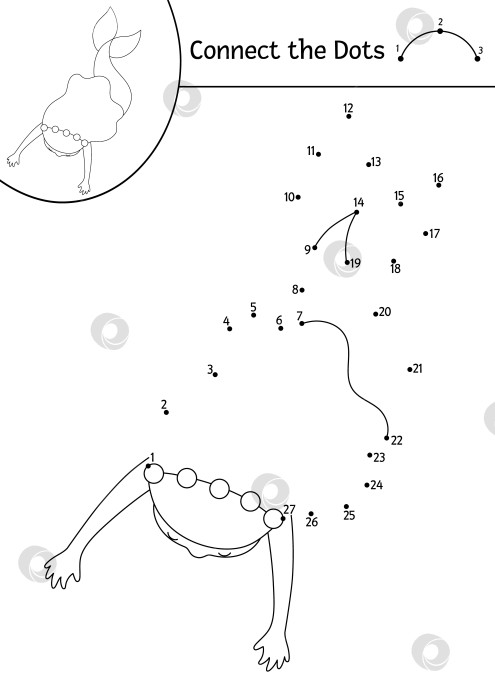 Скачать Векторная раскраска от точки к точке с изображением милой плавающей русалки. Игра "Королевство океана" соедини точки с морской принцессой. Раскраска для детей "Морская". Рабочий лист для печати под водой фотосток Ozero