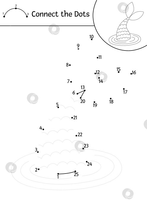 Скачать Векторная раскраска от точки к точке с милым хвостом русалки. Игра "Соедини точки" с морской принцессой. Морская раскраска для детей. Рабочий лист для печати под водой фотосток Ozero