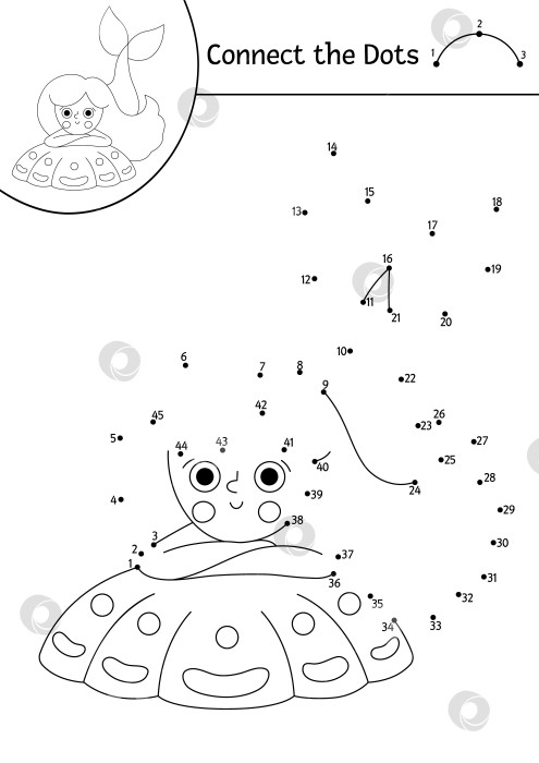 Скачать Векторная раскраска от точки к точке с изображением милой русалки на ракушке. Игра "Королевство океана" с морской принцессой "соедини точки". Раскраска для детей "Морская". Рабочий лист для печати под водой фотосток Ozero