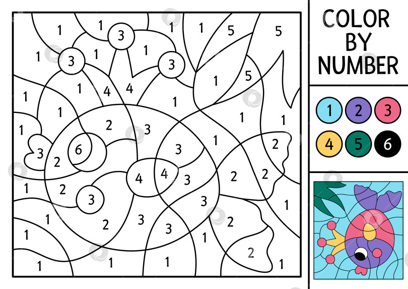 Скачать Раскраска русалочки в векторе по номерам с милой рыбкой в короне. Морской пейзаж. Черно-белая игра в счет. Раскраска "Океанское королевство" для детей с изображением водного животного или морской принцессы фотосток Ozero
