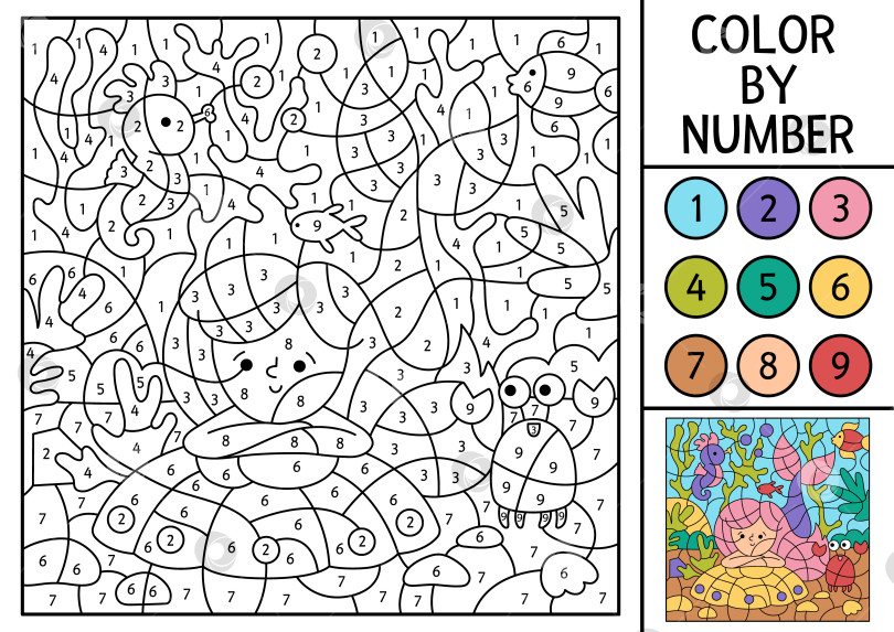 Скачать Раскраска русалочки в векторе по номерам с милой морской принцессой, крабом, морским коньком. Морской пейзаж. Черно-белая игра в счет. Раскраска "Океанское королевство" для детей с изображением водных животных фотосток Ozero