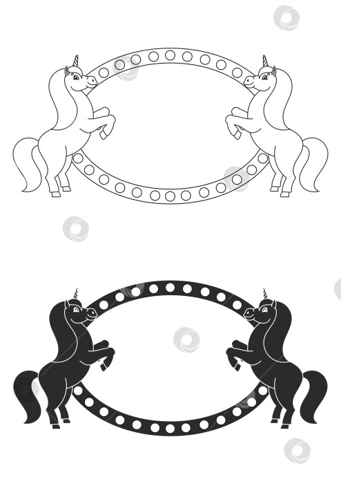 Скачать Два коня-единорога встали на дыбы. Есть место для вашего текста. Элемент для дизайна этикеток, рекламы, сайтов. Цветной силуэт. Простая плоская векторная иллюстрация. фотосток Ozero