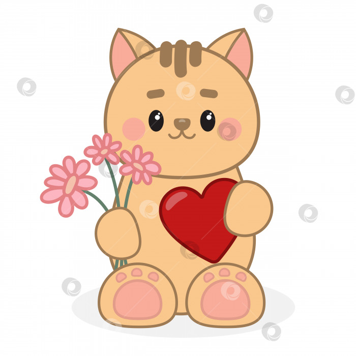 Скачать милый мультяшный кот с сердечком и цветами в руках фотосток Ozero