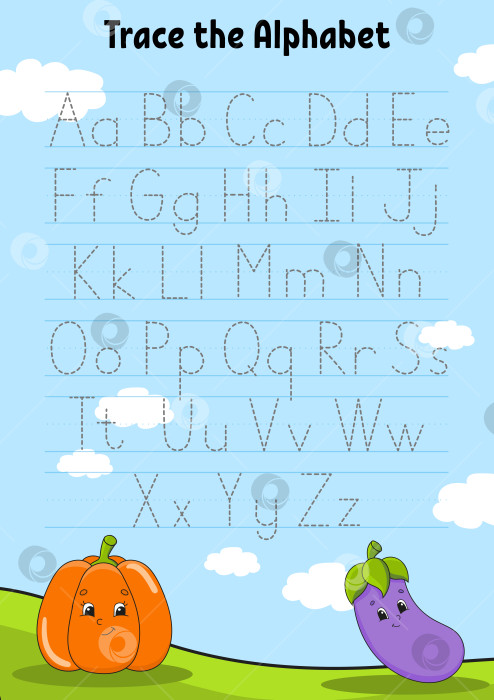 Скачать Пишем буквы. Страница с обводкой. Тренировочный лист. Рабочая тетрадь для детей. Учим алфавит. Симпатичный персонаж. Мультфильм. Векторная иллюстрация. фотосток Ozero