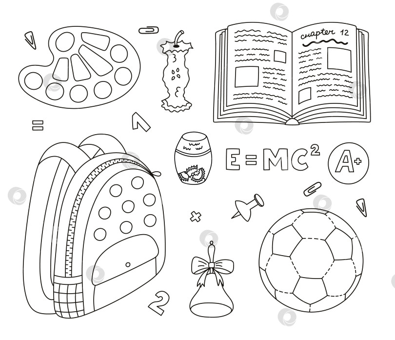 Скачать Симпатичный набор для рисования с детскими школьными принадлежностями. Набор для рисования от руки: школьный ранец, открытый учебник, глобус, палитра красок, огрызок яблока, футбольный мяч. Клипарт с набросками "Назад в школу" для учебы, рисования и работы. фотосток Ozero