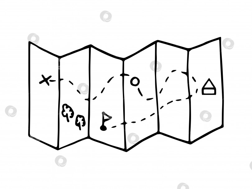 Скачать Нарисованная от руки бумажная карта с каракулями. Векторная черно-белая сложенная карта. Контур. фотосток Ozero