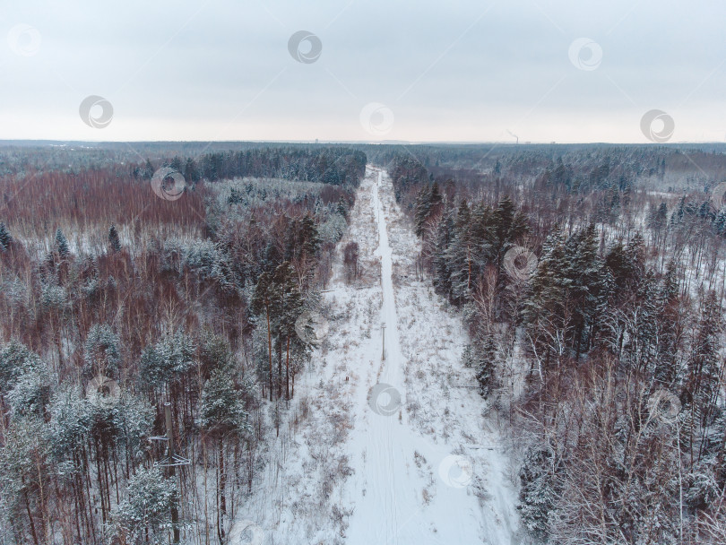 Скачать вид сверху на дорогу в зимнем лесу фотосток Ozero