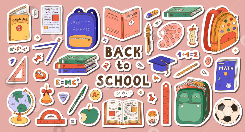 Скачать Большой набор наклеек с рисунками doodle back to school для планировщиков и тетрадей. Готов к печати список симпатичных наклеек. Коллекция нарисованных от руки школьных сумок, учебников, глобуса, милых канцелярских принадлежностей, футбольного мяча. фотосток Ozero