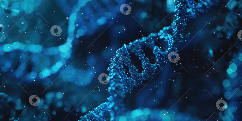 Скачать Крупный план светящейся структуры двойной спирали ДНК в синем свете на темном фоне. Генетическая молекула с детализированными цепочками, представляющими биологию и молекулярную науку. Поколение искусственного интеллекта фотосток Ozero