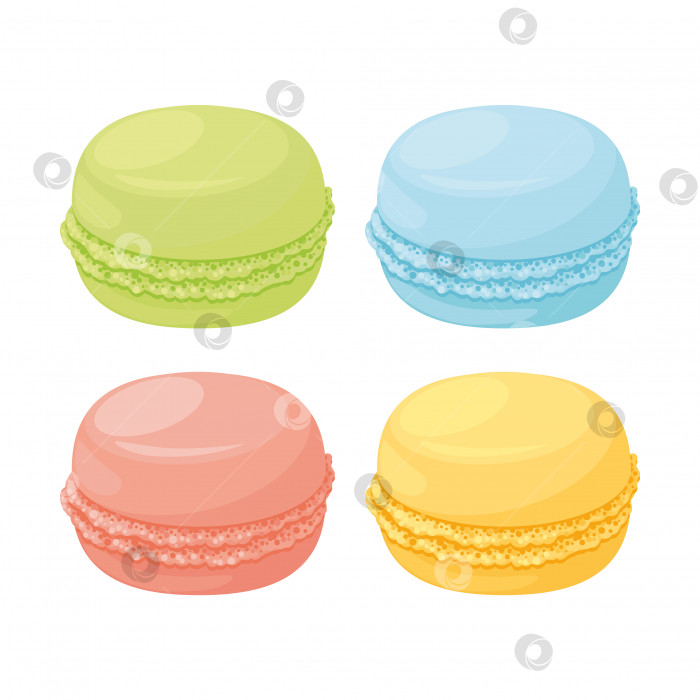 Скачать Набор разноцветных миндальных печений. Изысканный французский десерт, сладость. Векторная иллюстрация, значок, символ, объект, выделенный на белом фоне фотосток Ozero