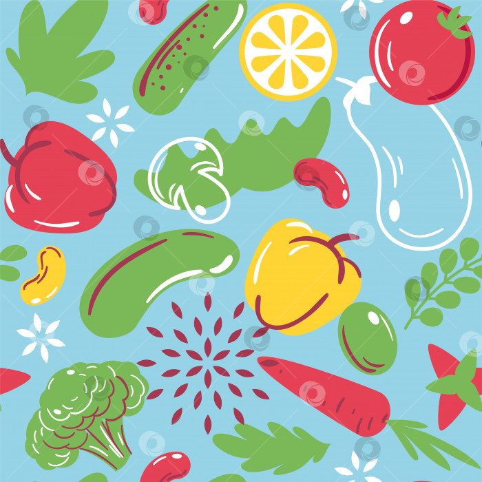 Скачать Стилизованный бесшовный узор с овощами: векторный фон для упаковки, текстиля, обоев, оформления меню. фотосток Ozero