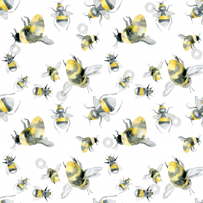 Скачать Абстрактные акварельные шмели на белом цветном бесшовном узоре с пчелиной пыльцой. медовый гребень, точки, линии и текстура. Повторите рисунок пчелы для текстиля или тканого полотна. фотосток Ozero