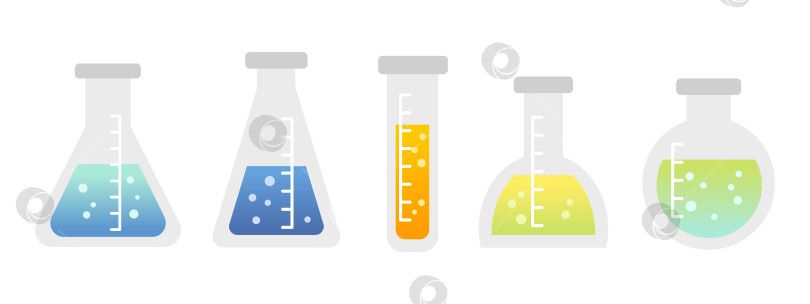 Скачать Химические колбы разной формы с цветной жидкостью украшены мультяшной плоской иллюстрацией. фотосток Ozero